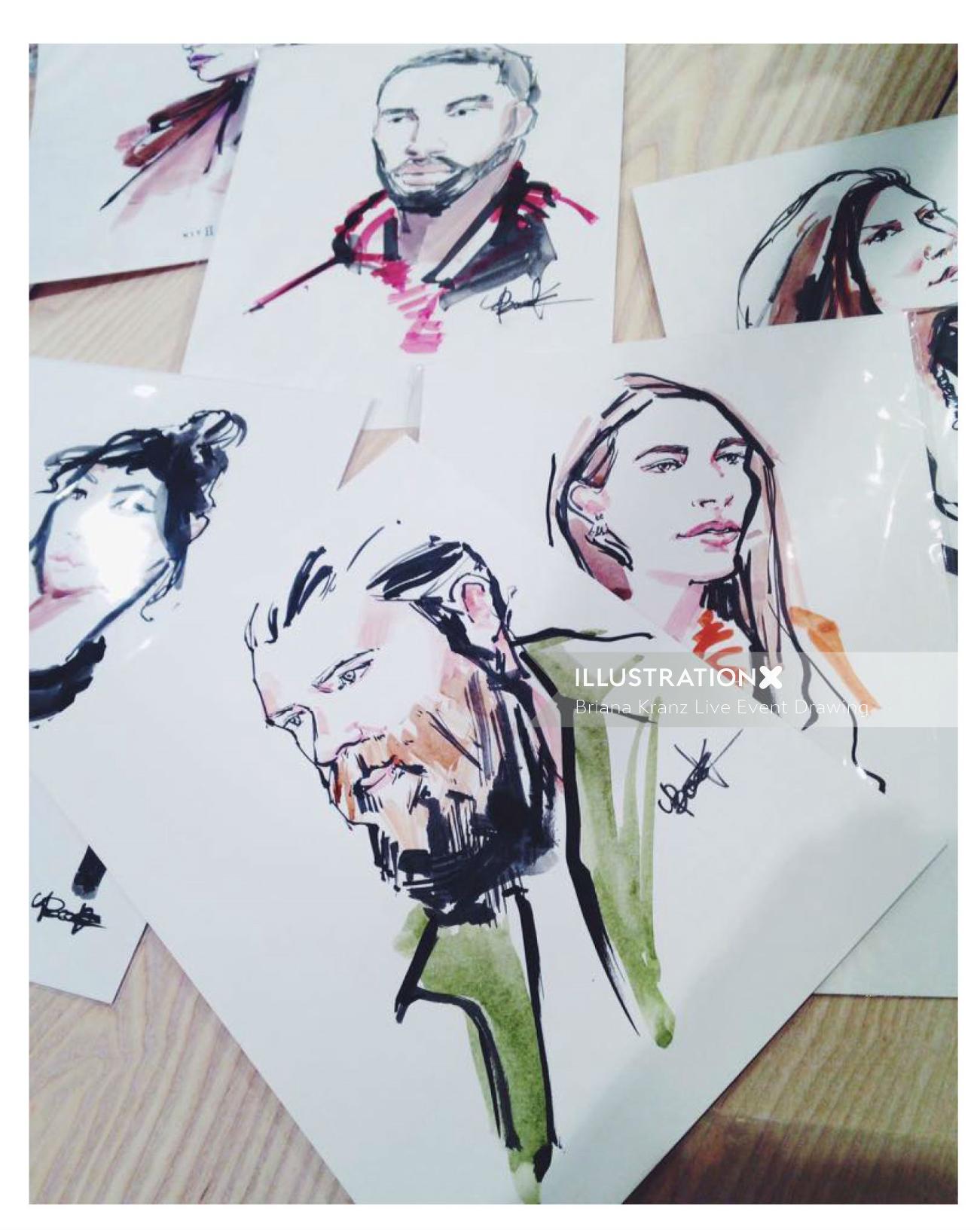 A group of portrait drawings