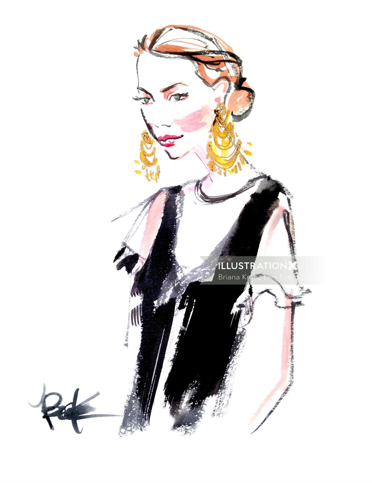 Watercolour sketch of woman wearing earrings
