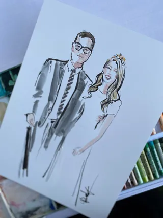Watercolor drawing of bride and groom by Briana Kranz Live Event Drawing