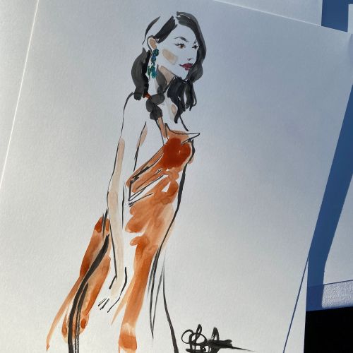 Stylized drawing of a woman in an orange dress by Briana Kranz