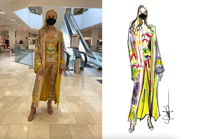 Fashion model in yellow coat and pants wearing a face mask by Briana Kranz