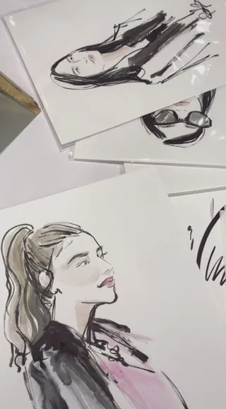 Black and white portrait sketches by Briana Kranz of a woman with ponytail