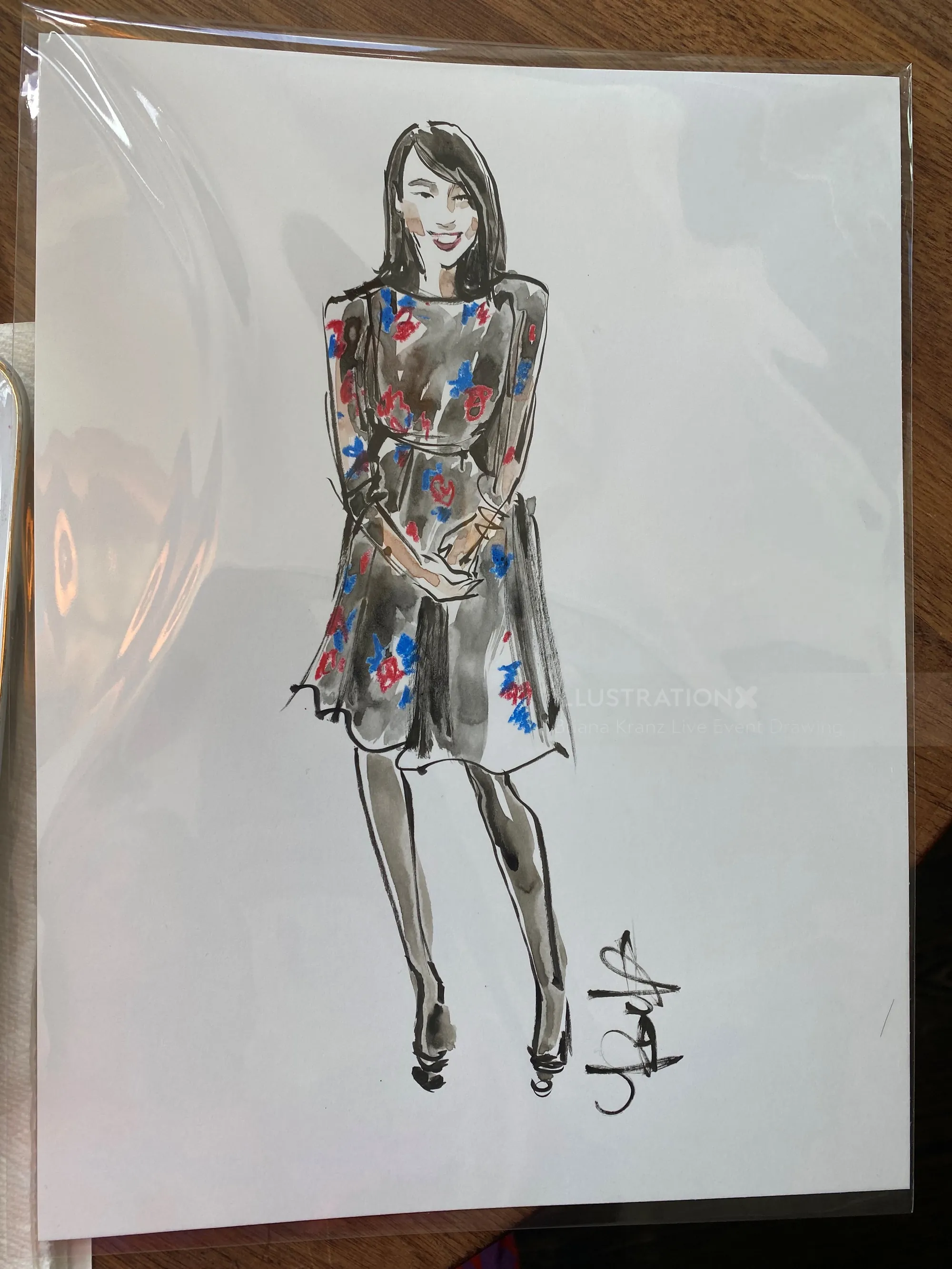 Fashion illustration of woman in floral dress by Briana Kranz