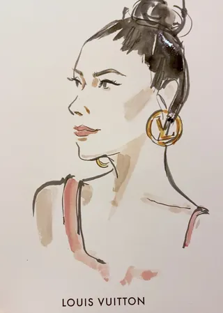 Watercolor portrait of woman with Louis Vuitton earrings by Briana Kranz