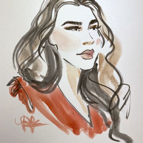 Watercolor sketch of a woman with long hair by Briana Kranz