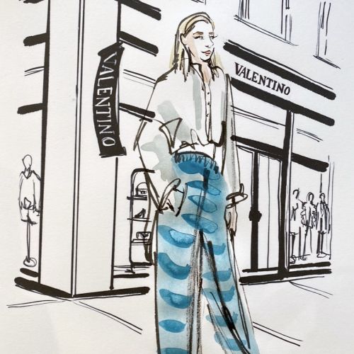 Drawing of a woman outside Valentino store by Briana Kranz