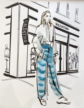 Drawing of a woman outside Valentino store by Briana Kranz