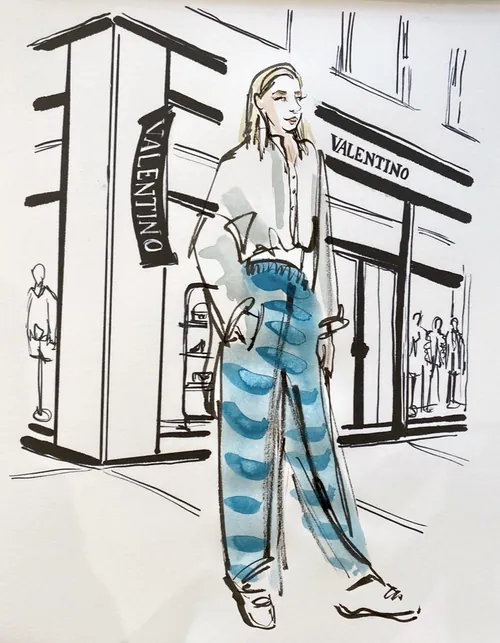 Drawing of a woman outside Valentino store by Briana Kranz