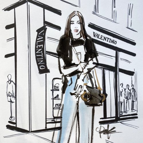 Fashion illustration of woman outside Valentino store by Briana Kranz