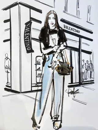 Fashion illustration of woman outside Valentino store by Briana Kranz