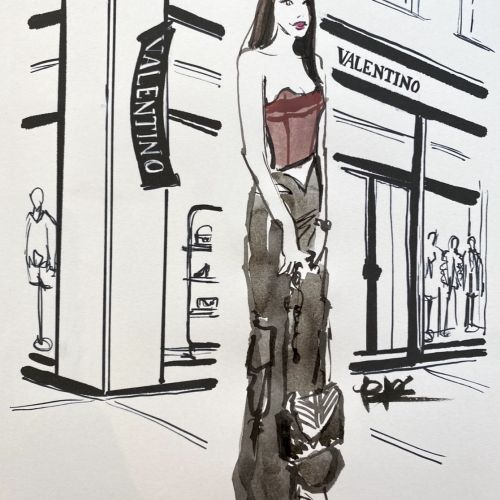 Fashion illustration of woman near Valentino store by Briana Kranz