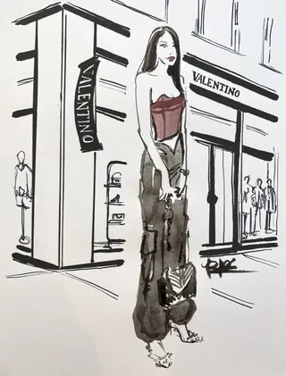 Fashion illustration of woman near Valentino store by Briana Kranz