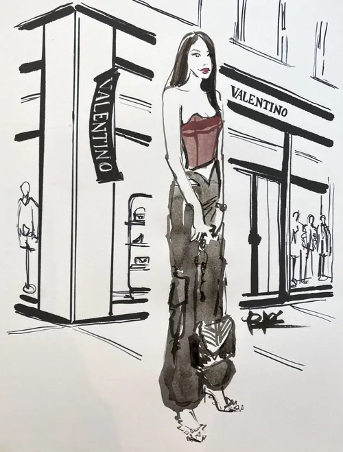 Fashion illustration of woman near Valentino store by Briana Kranz