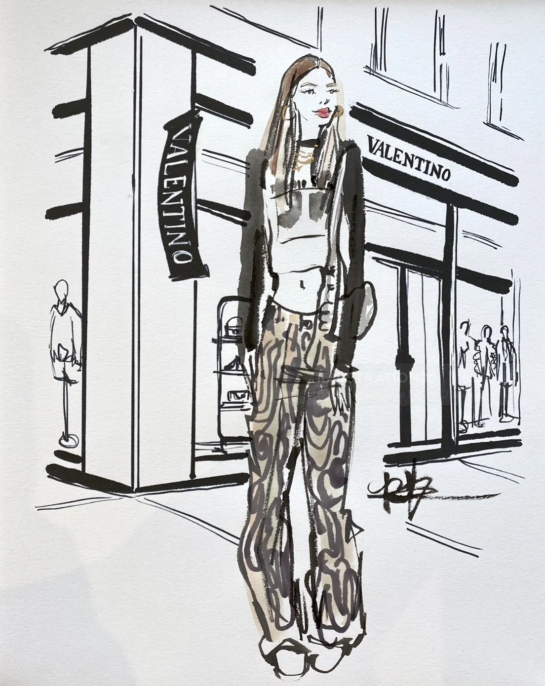 Fashion illustration of woman outside Valentino store by Briana Kranz