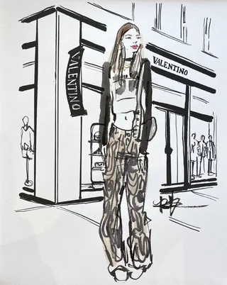 Fashion illustration of woman outside Valentino store by Briana Kranz