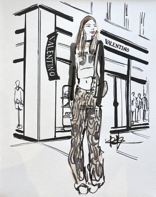 Fashion illustration of woman outside Valentino store by Briana Kranz