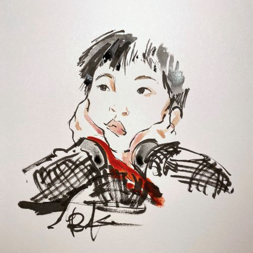 Watercolor sketch of a young boy in a checkered jacket and red scarf, by Briana Kranz