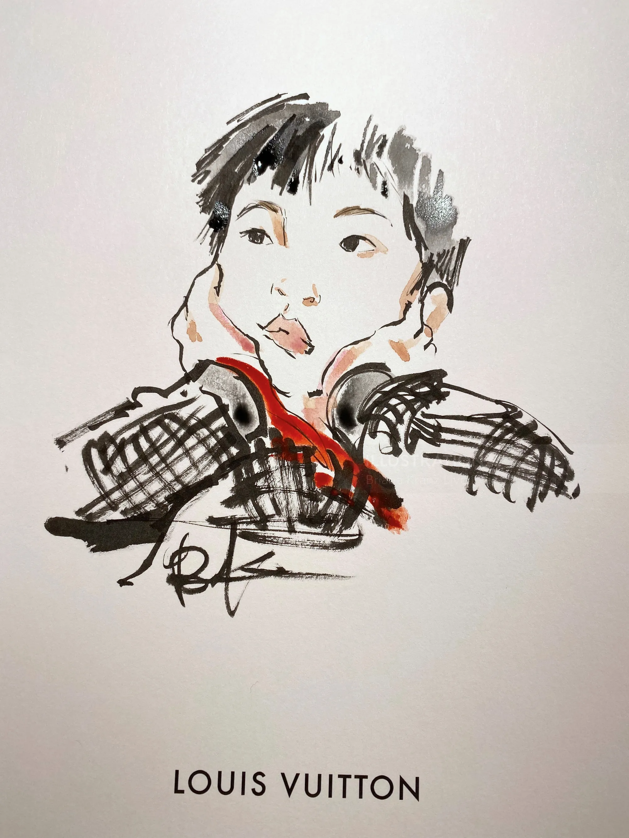 Watercolor sketch of a young boy in a checkered jacket and red scarf, by Briana Kranz