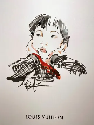 Watercolor sketch of a young boy in a checkered jacket and red scarf, by Briana Kranz