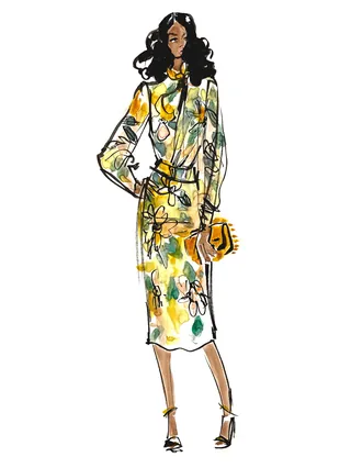 Fashion illustration of woman in floral dress by Briana Kranz Live Event Drawing