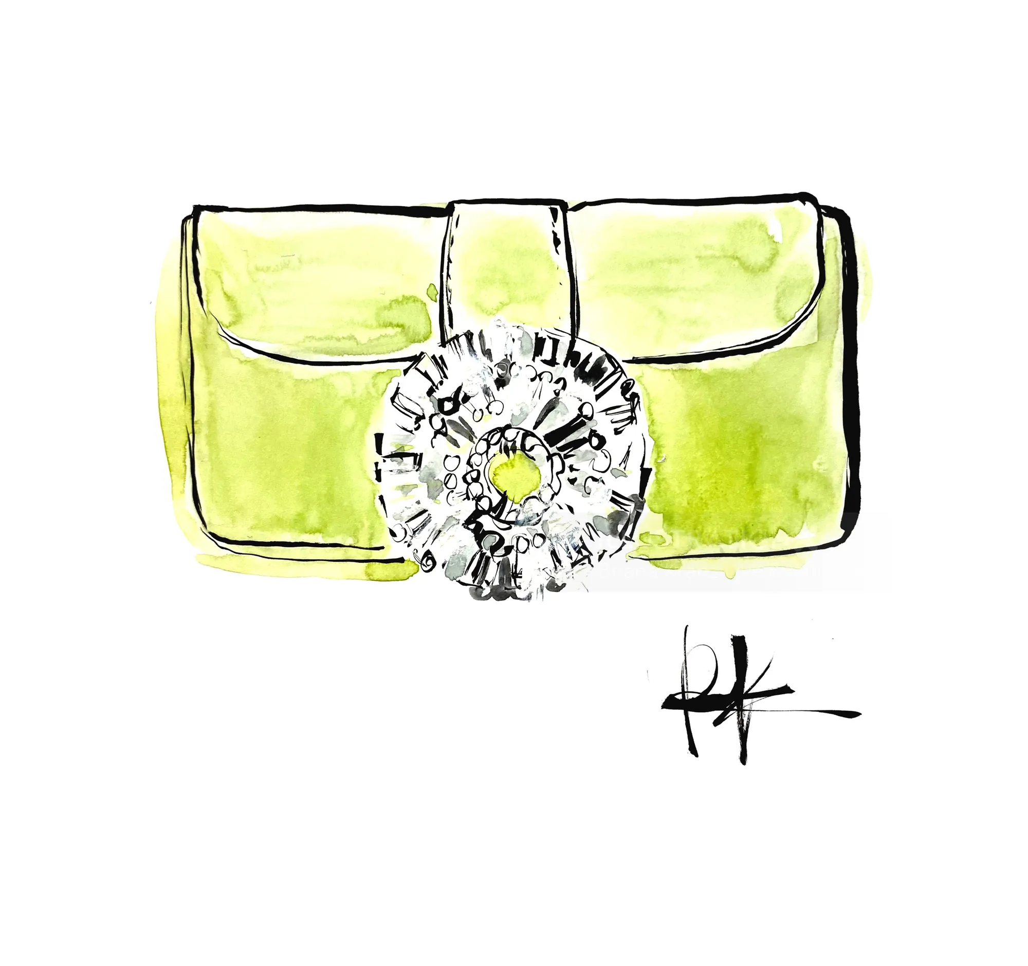 Yellow clutch purse with decorative brooch illustration by Briana Kranz