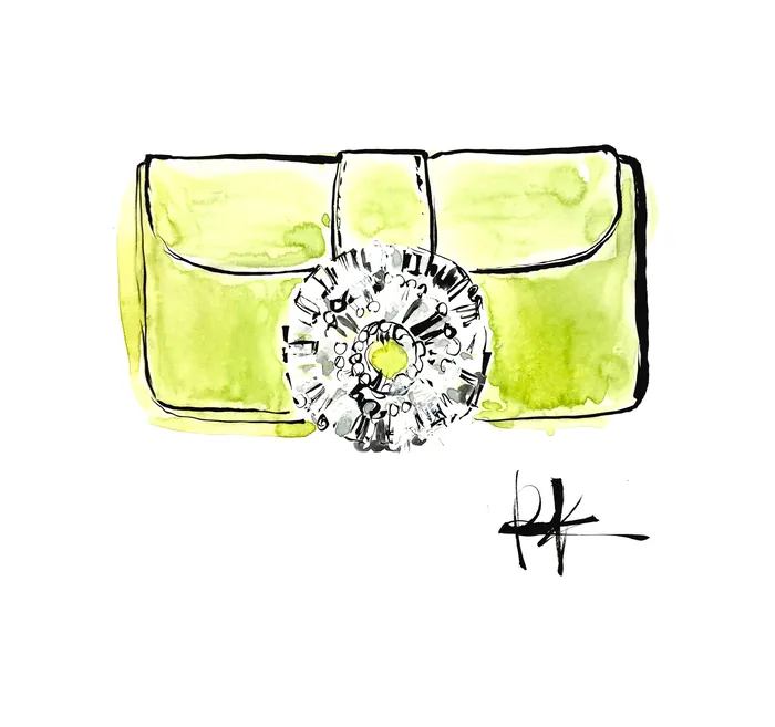 Yellow clutch purse with decorative brooch illustration by Briana Kranz