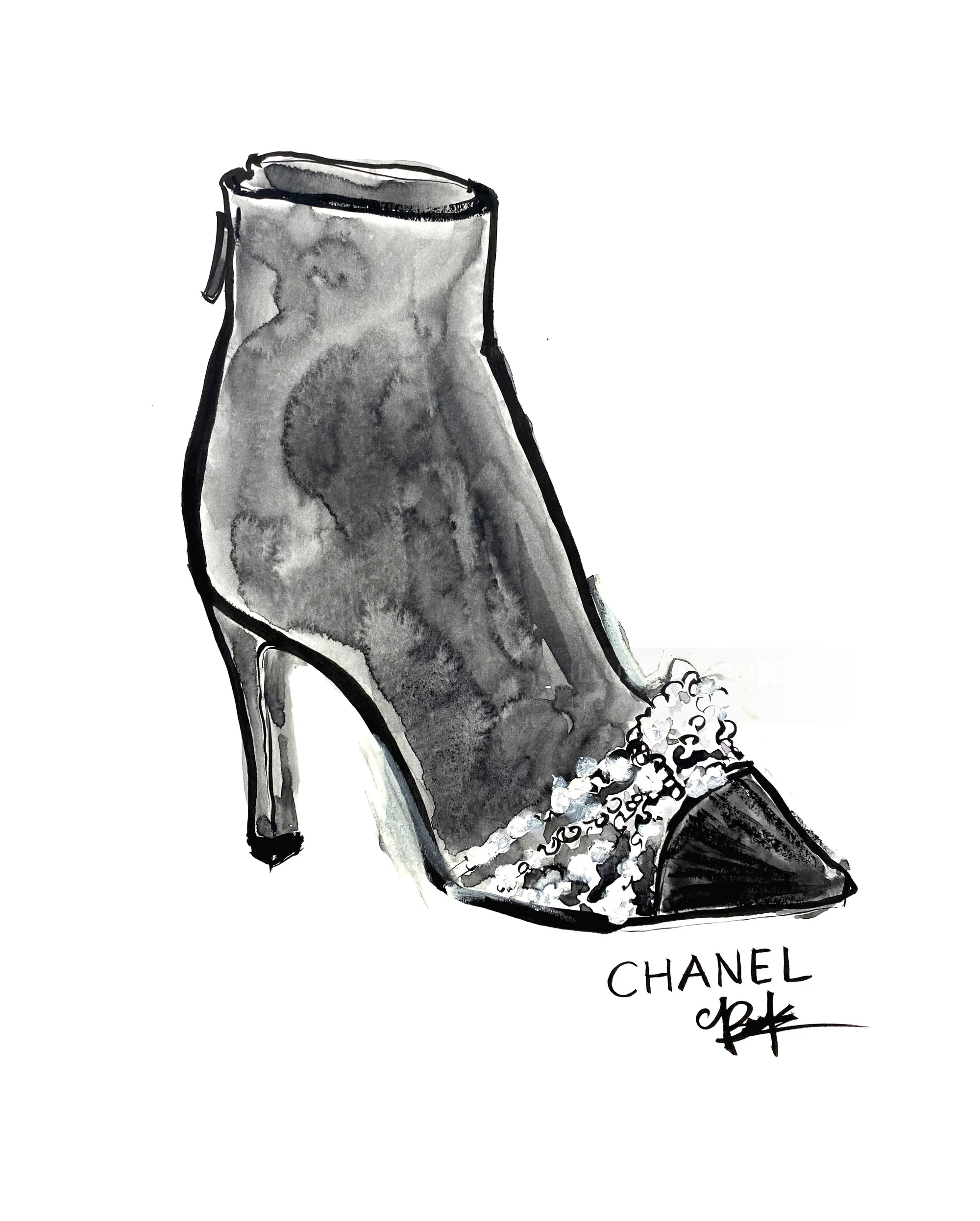 Black Chanel high heel ankle boot sketch by Briana Kranz Live Event Drawing