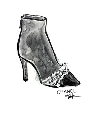 Black Chanel high heel ankle boot sketch by Briana Kranz Live Event Drawing