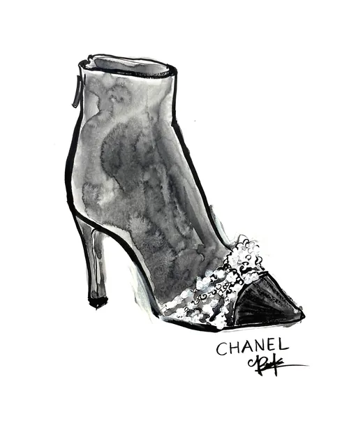 Black Chanel high heel ankle boot sketch by Briana Kranz Live Event Drawing