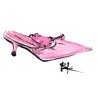 Illustration of pink heeled mule shoe by Briana Kranz
