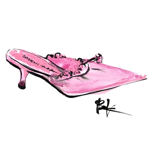 Illustration of pink heeled mule shoe by Briana Kranz