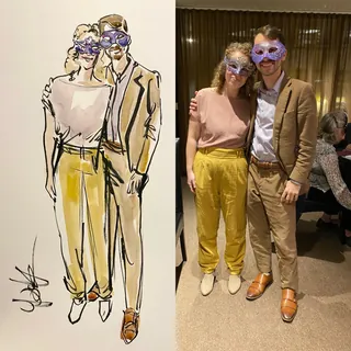 Couple in purple masks and matching brown and yellow outfits