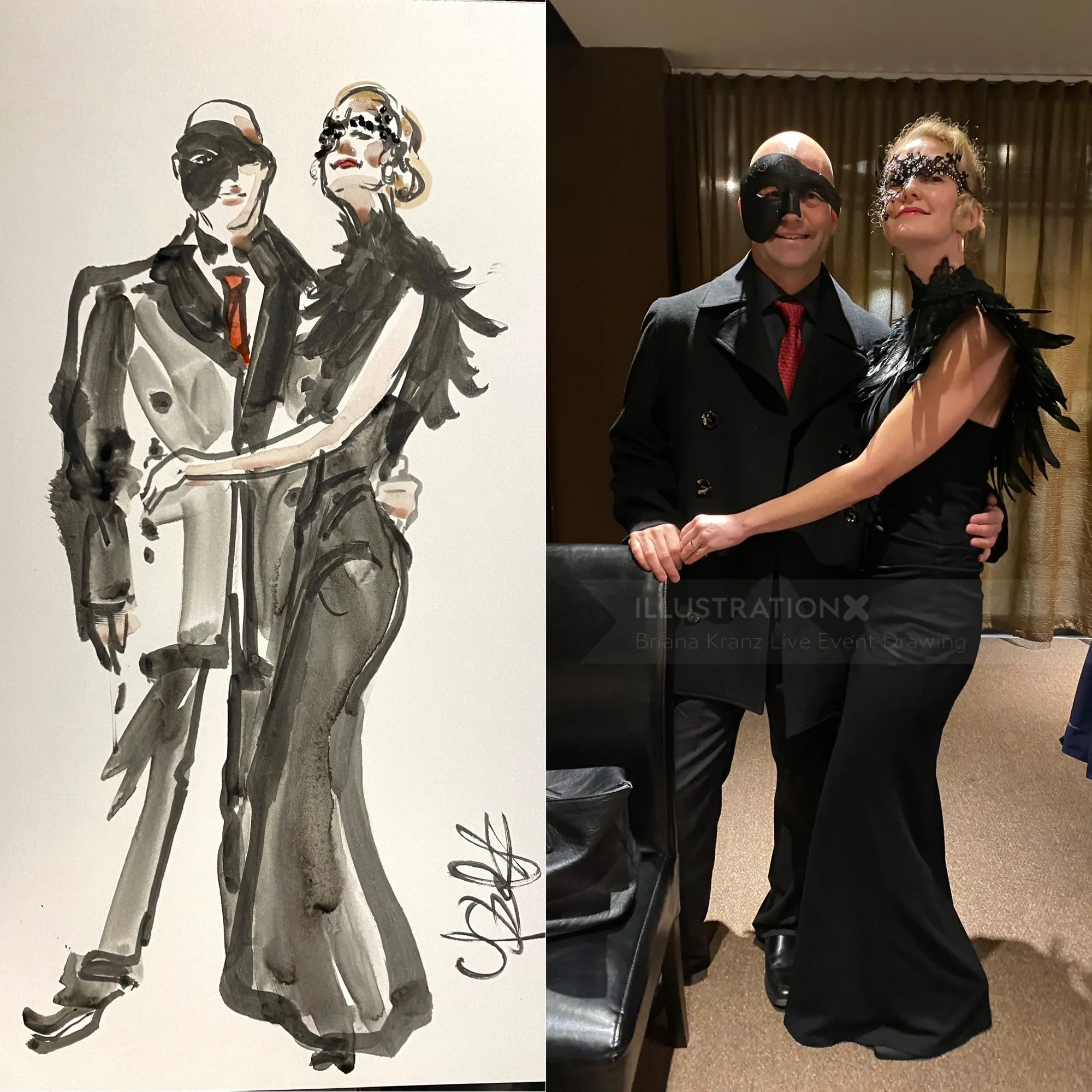 Man and woman dressed elegantly with eye masks posing indoors