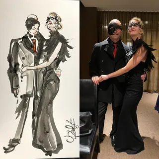 Man and woman dressed elegantly with eye masks posing indoors
