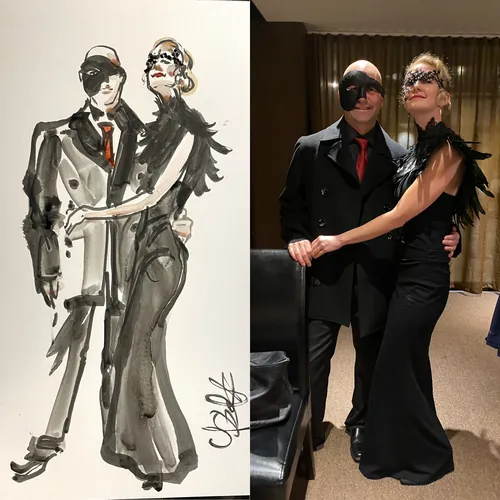 Man and woman dressed elegantly with eye masks posing indoors