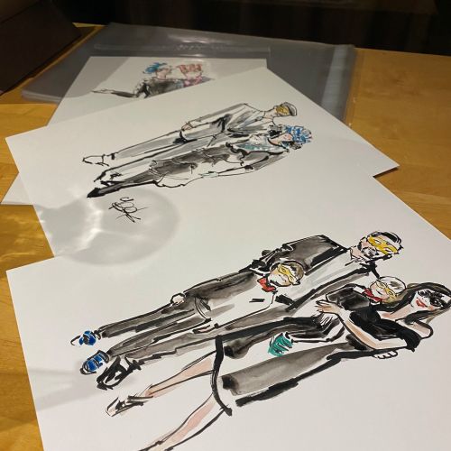 Fashion illustration sketches of models wearing chic clothing