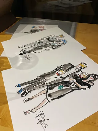 Fashion illustration sketches of models wearing chic clothing