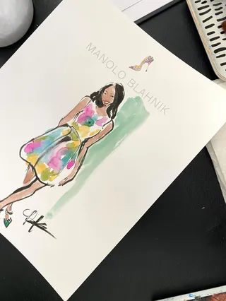 Fashion sketch of woman in multicolor dress with Manolo Blahnik logo