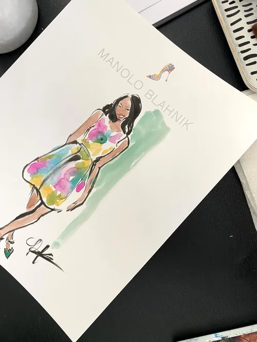 Fashion sketch of woman in multicolor dress with Manolo Blahnik logo