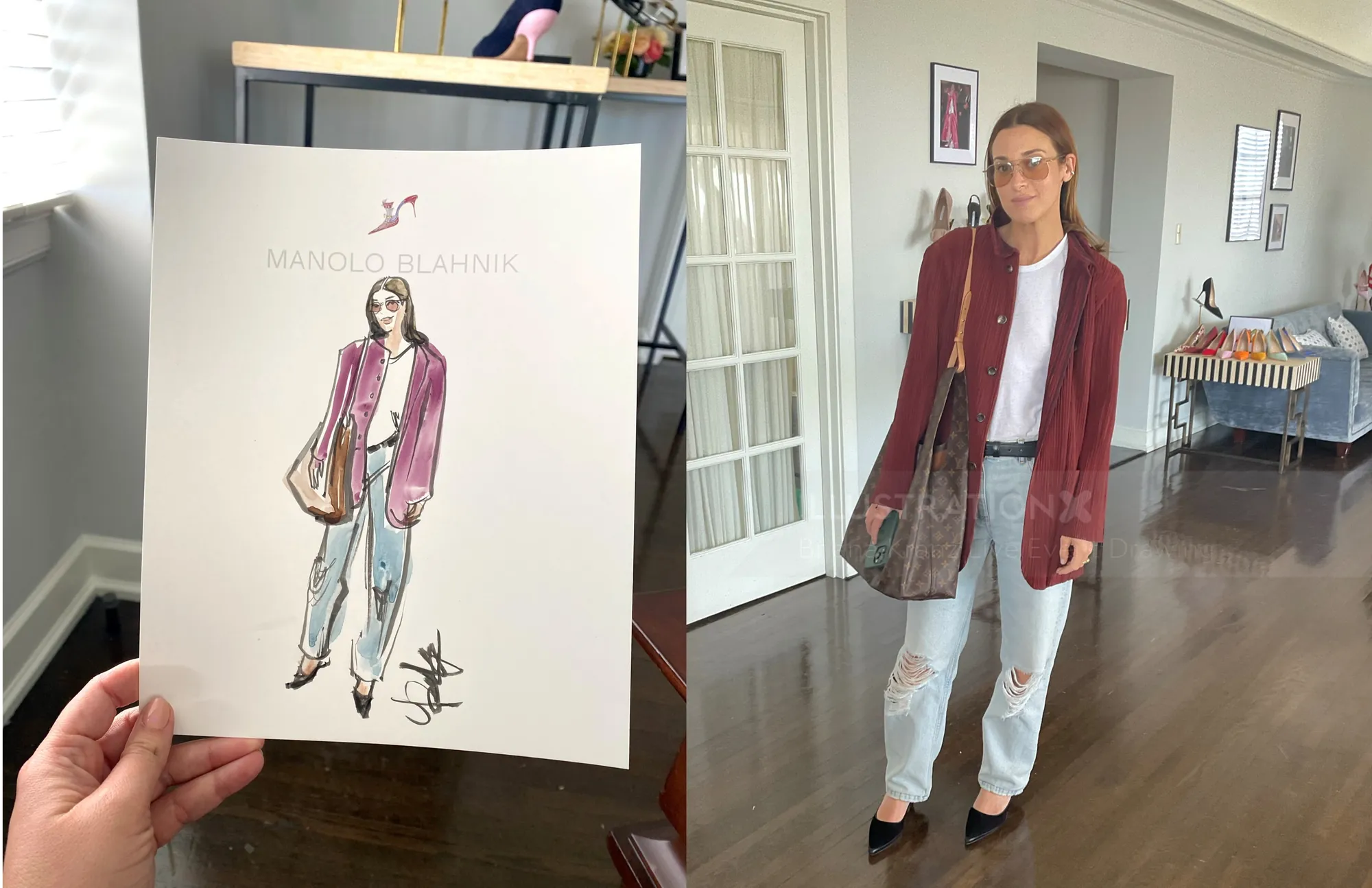 Woman standing indoors wearing maroon blazer and light jeans holding similar fashion sketch