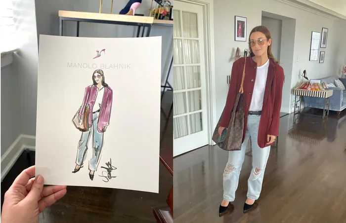 Woman standing indoors wearing maroon blazer and light jeans holding similar fashion sketch