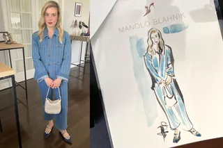 Woman in blue outfit holding white bag next to fashion sketch
