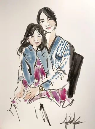 Sketch of mother and daughter embracing for Bulgari Mother's Day