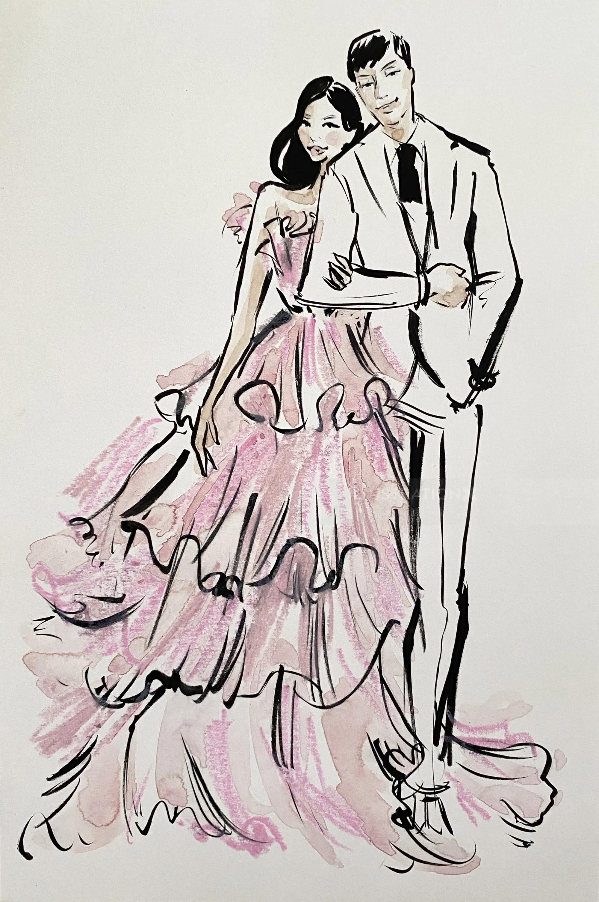 Illustration of a couple with a woman in a pink ruffled gown and a man in a suit