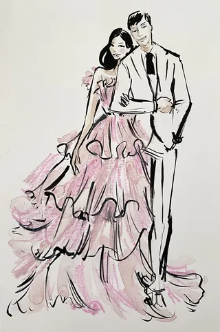 Illustration of a couple with a woman in a pink ruffled gown and a man in a suit