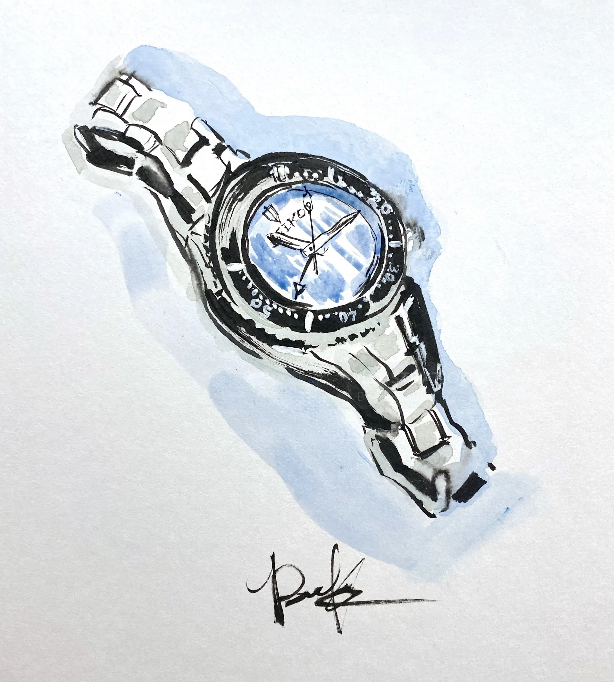 Silver wristwatch with blue face painted in watercolor style