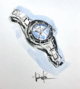 Silver wristwatch with blue face painted in watercolor style