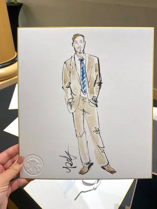 Fashion illustration of man wearing beige suit and blue tie