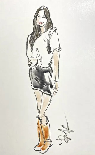 Sketch of a woman wearing a skirt, top, and brown boots