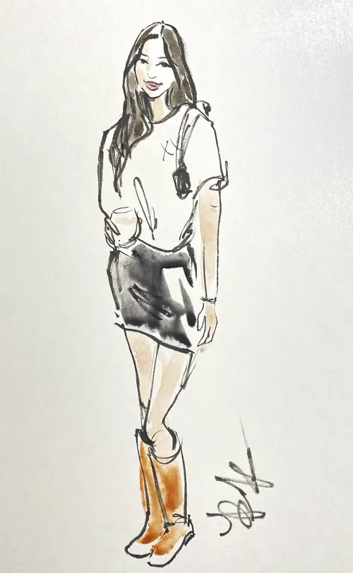 Sketch of a woman wearing a skirt, top, and brown boots